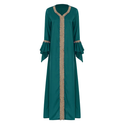 Elegant Womens Muslim Abaya Floor Length Robe V Neck Flared Sleeve Dress Halloween Witch Masquerade Gown Role Play Theme Party