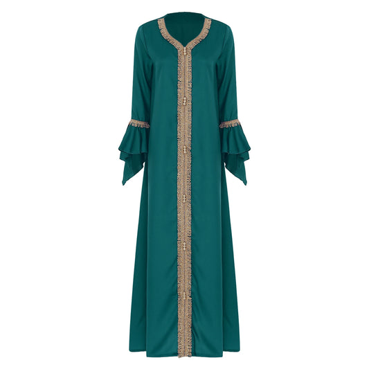 Elegant Womens Muslim Abaya Floor Length Robe V Neck Flared Sleeve Dress Halloween Witch Masquerade Gown Role Play Theme Party