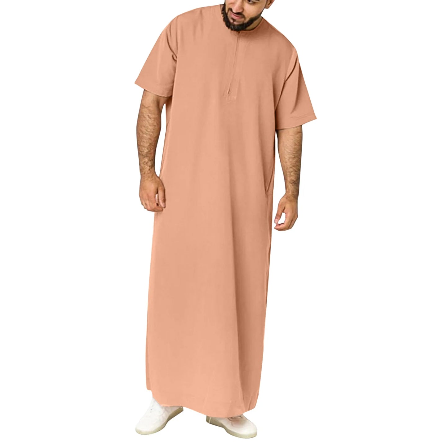 New 2025 Men Islamic Arabic Kaftan Vintage Solid Short Sleeve Loose Retro Robes Abaya Dubai Middle East Muslim Clothing S-5XL