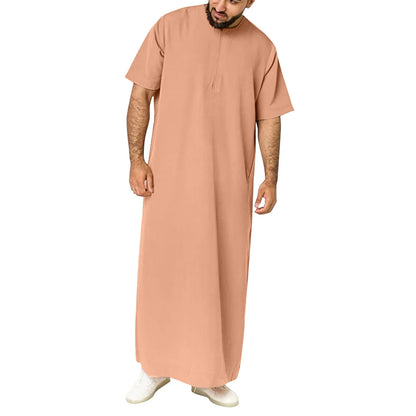New 2025 Men Islamic Arabic Kaftan Vintage Solid Short Sleeve Loose Retro Robes Abaya Dubai Middle East Muslim Clothing S-5XL