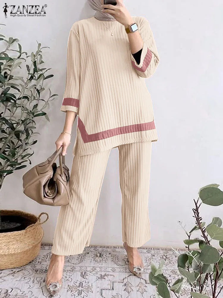 2024 ZANZEA Women Vintage Muslim Sets 2PCS Summer Islamic Clothing Eid Mubarek Ramadan Outifits Patchwork Blouse Trousers Suits