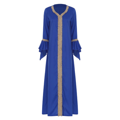 Elegant Womens Muslim Abaya Floor Length Robe V Neck Flared Sleeve Dress Halloween Witch Masquerade Gown Role Play Theme Party