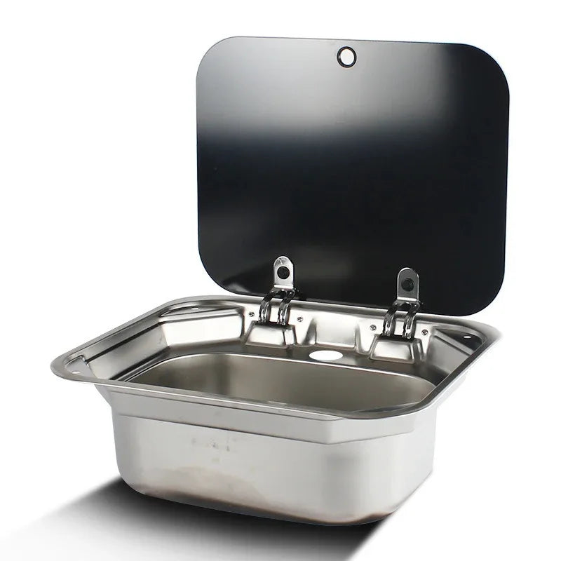 Caravan Camping Stainless Steel Hand Wash Basin Sink with Tempered Glass Lid Camper Accessories RV Stainless Steel Covered Sink