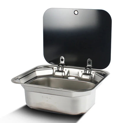 Caravan Camping Stainless Steel Hand Wash Basin Sink with Tempered Glass Lid Camper Accessories RV Stainless Steel Covered Sink