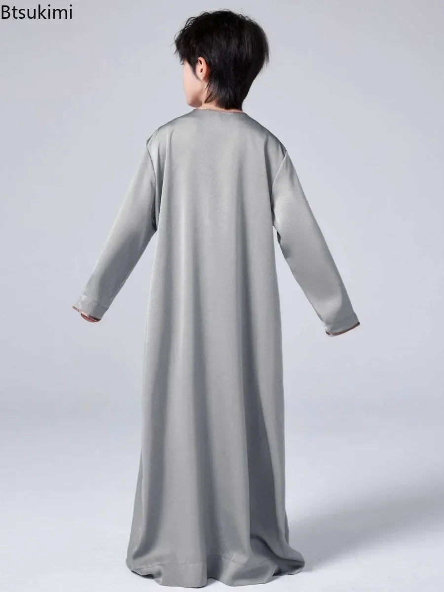 New 2025 Islamic Muslim Kids Clothing Long Sleeve Loose Jubba Thobe Saudi Arab Kaftan Maxi Robe Boys Pakistan Dubai Caftan Dress
