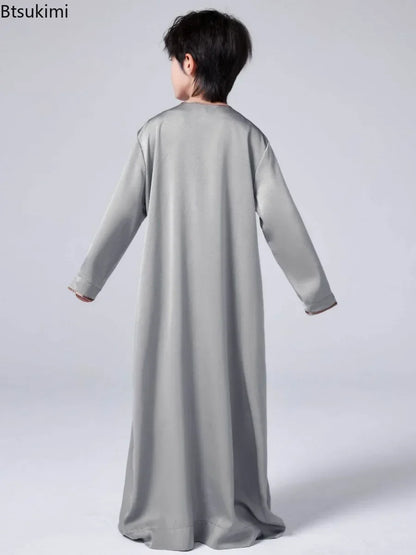 New 2025 Islamic Muslim Kids Clothing Long Sleeve Loose Jubba Thobe Saudi Arab Kaftan Maxi Robe Boys Pakistan Dubai Caftan Dress