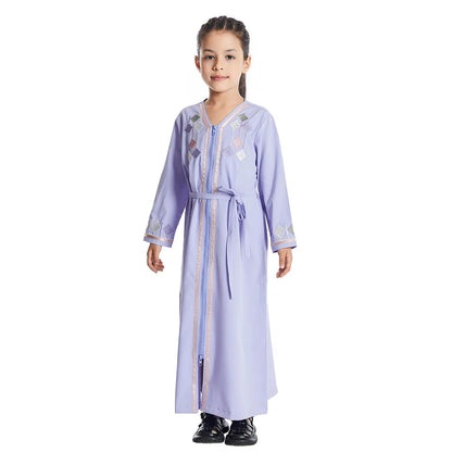 New Muslim Kids Girls Zipper Front Open Abaya Morocco Kaftan Islamic Child Clothes Eid Ramadan Jalabiya Arabic Robe Caftan Dress