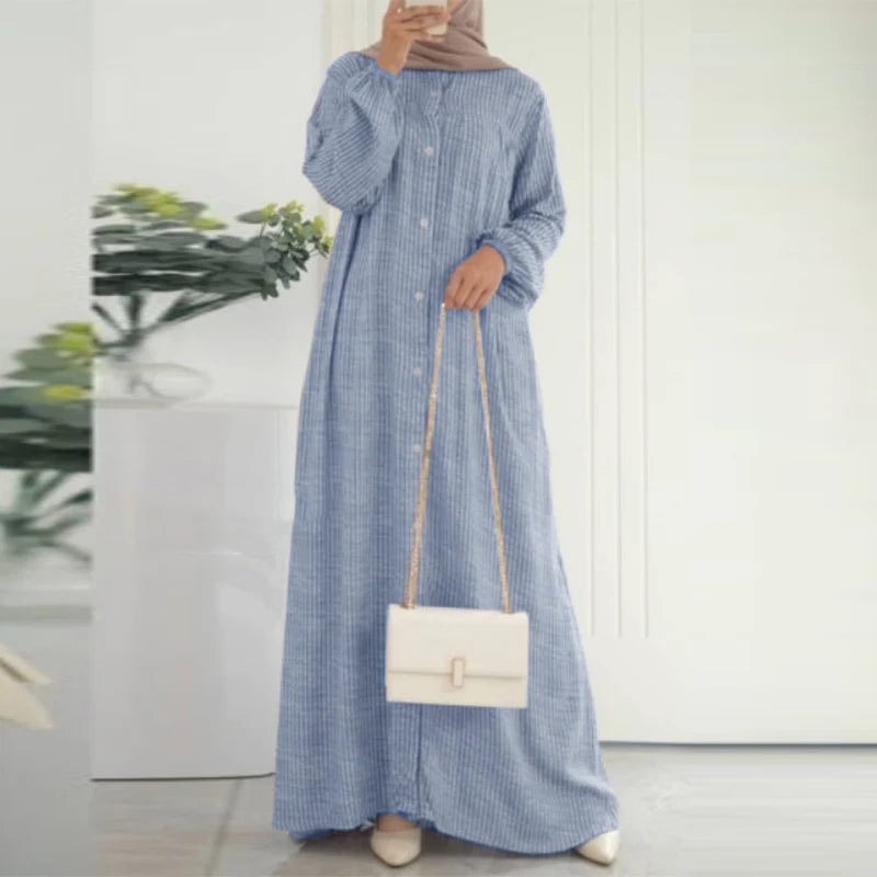 ZANZEA Autumn Sundress Women Vintage Long Sleeve Islamic Clothing Dubai Vestido Fashion Striped Muslim Abaya Dress Robe Femme