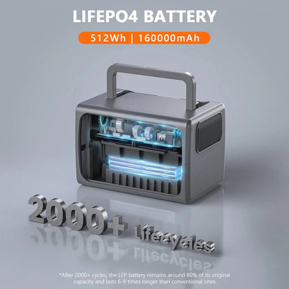 Portable Power Station 500W 512Wh LiFePO4 Battery UPS Function 2.5Hrs Fast Charge 3 AC Outlets Solar Generator