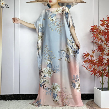 Muslim Abayas For Women 2023 New Fashion Printed Silk Soft Loose Femme Elegant Robe African Maxi Party Dresses With Belt Turban