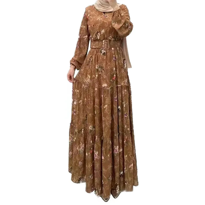Eid Morocco Dress Women Muslim Abaya Jalabiya Turtleneck Floral Print Belted Dubai Kaftan Robe Vestidos Ramadan Abayas Dresses