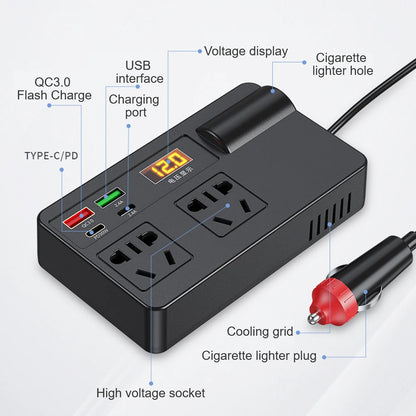 220W Power Inverter Car Mounted Solar Inverter USB Voltage Transformer Portable DC 12V To AC 220V Conversion USB Battery Clip