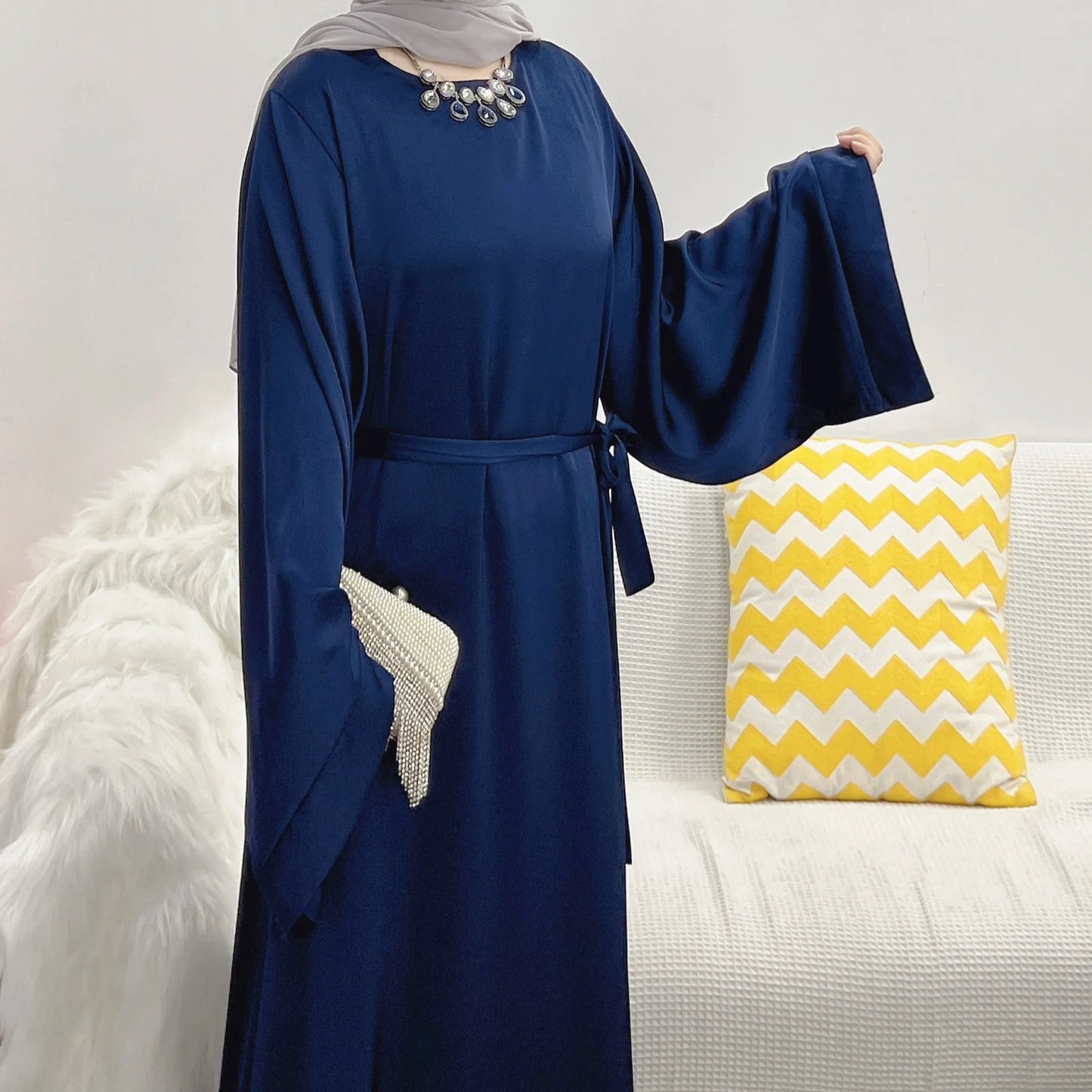 Plain Satin Abaya Dress for Muslim Women, Side Pockets Wide Sleeves, Dubai Turkish Hijabi Islamic Clothing, Modest Robe, Ramadan
