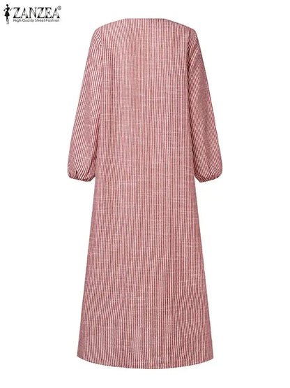 ZANZEA Autumn Sundress Women Vintage Long Sleeve Islamic Clothing Dubai Vestido Fashion Striped Muslim Abaya Dress Robe Femme