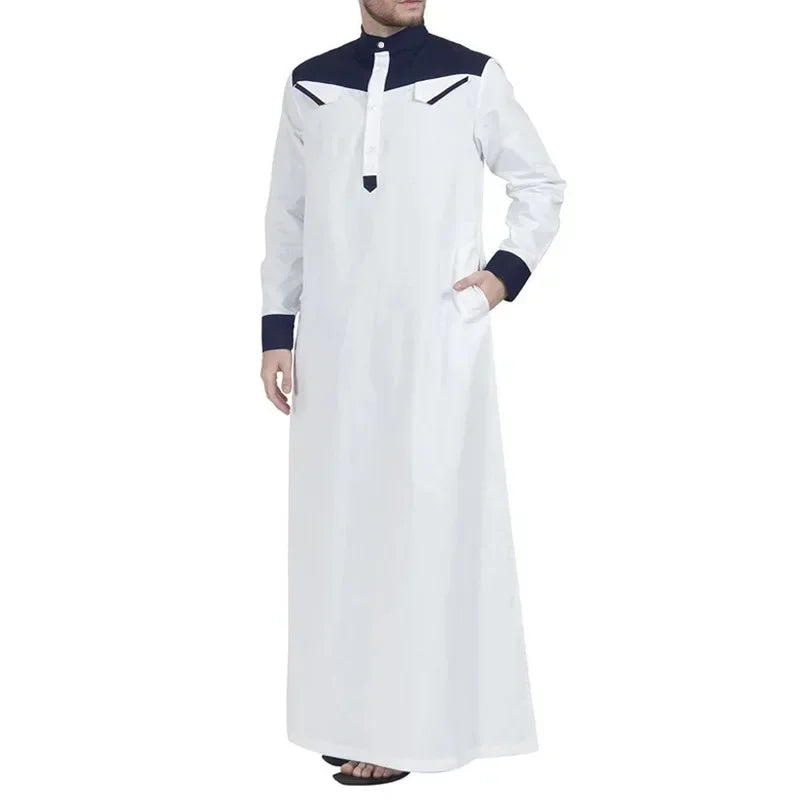 2025 Muslim Thobe Comfortable Men Caftan Long Sleeve Contrast Color Muslim Clothing Mandarin Neck Muslim Robe for Middle East