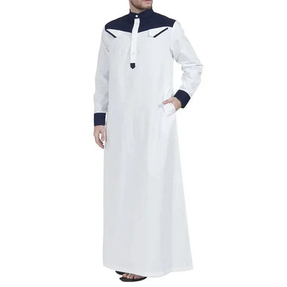 2025 Muslim Thobe Comfortable Men Caftan Long Sleeve Contrast Color Muslim Clothing Mandarin Neck Muslim Robe for Middle East