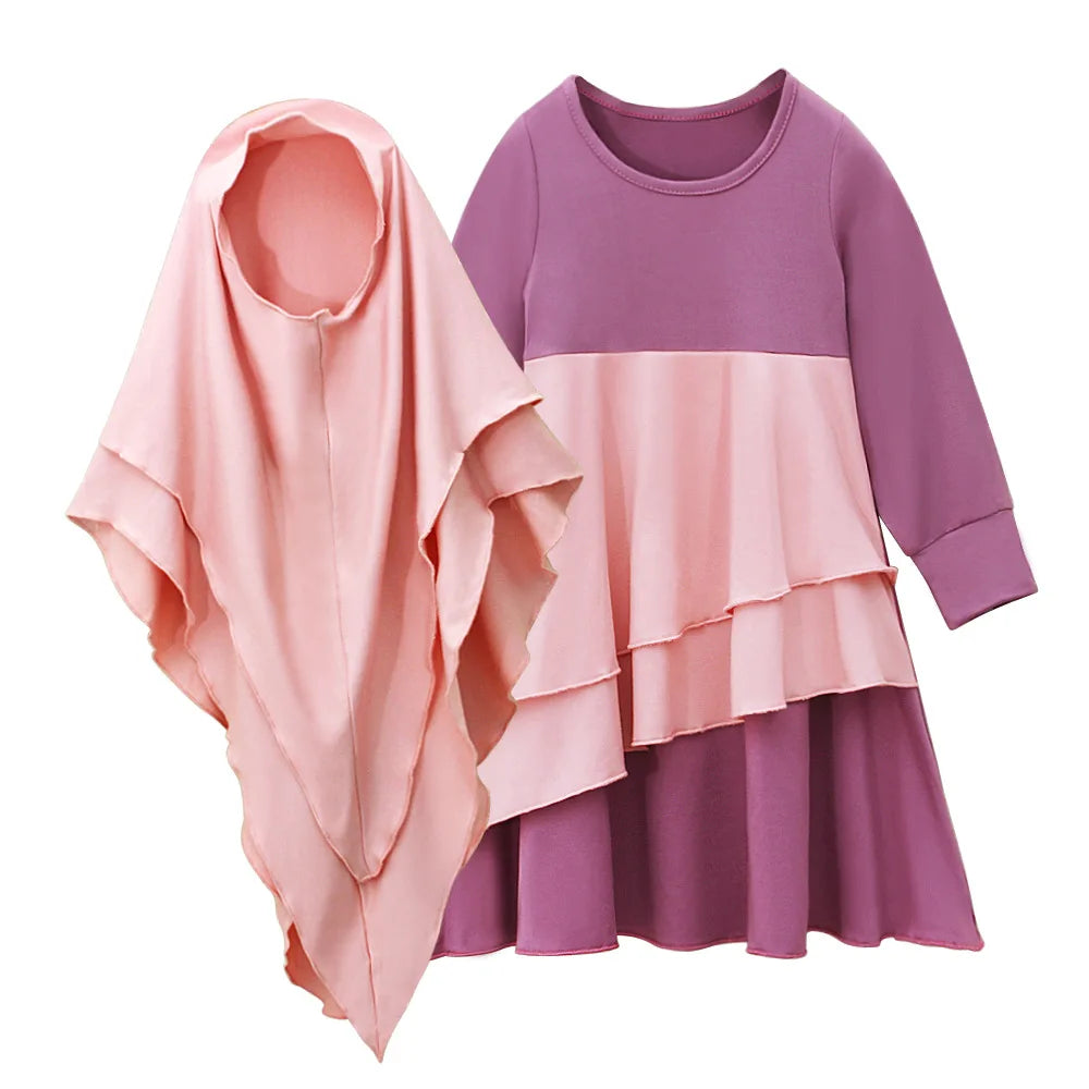 2Pcs Muslim Ramadan Prayer Dress Abaya Sets Children Girls Eid Khimar Hijab Arab Kids Long Robe Headscarf  Kaftan Gown jilbab