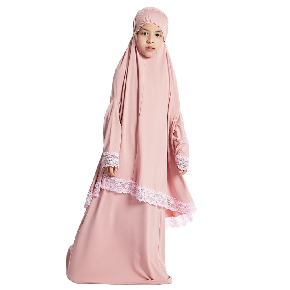 2Pcs Traditional Muslim Kids Girls Abaya Eid Hooded Overhead Hijab Burqa Maxi Skirt Sets Turkey Dubai Kaftan Prayer Garment Gown