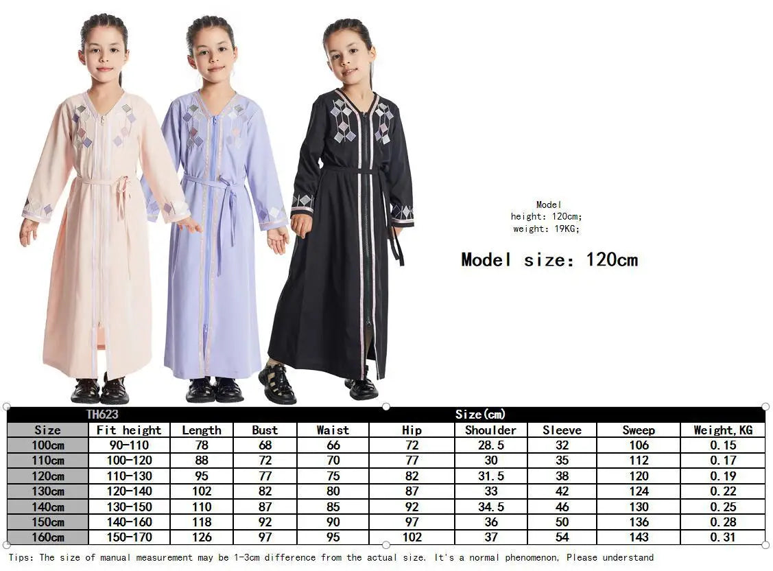 New Muslim Kids Girls Zipper Front Open Abaya Morocco Kaftan Islamic Child Clothes Eid Ramadan Jalabiya Arabic Robe Caftan Dress