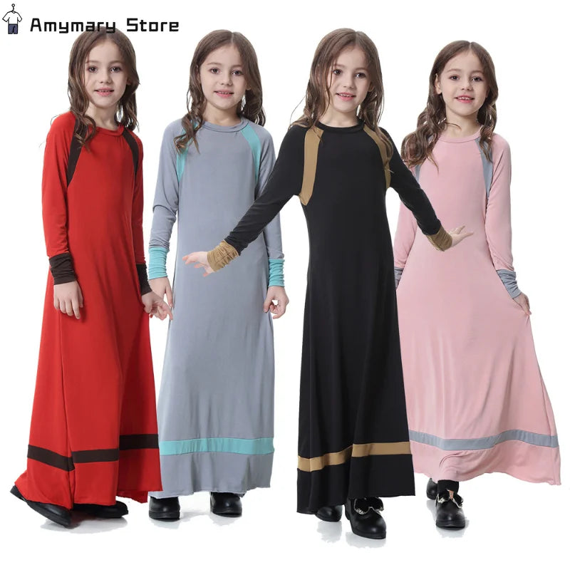 New Middle East Arab Dubai Children Ramadan Kaftan Robe Girls Long Sleeve Dress Kids Muslim Abaya Dress Islamic Party Clothing