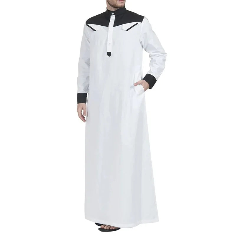 2025 Muslim Thobe Comfortable Men Caftan Long Sleeve Contrast Color Muslim Clothing Mandarin Neck Muslim Robe for Middle East