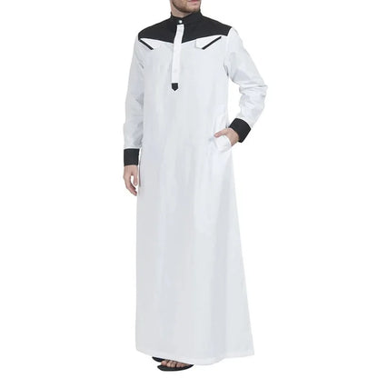 2025 Muslim Thobe Comfortable Men Caftan Long Sleeve Contrast Color Muslim Clothing Mandarin Neck Muslim Robe for Middle East