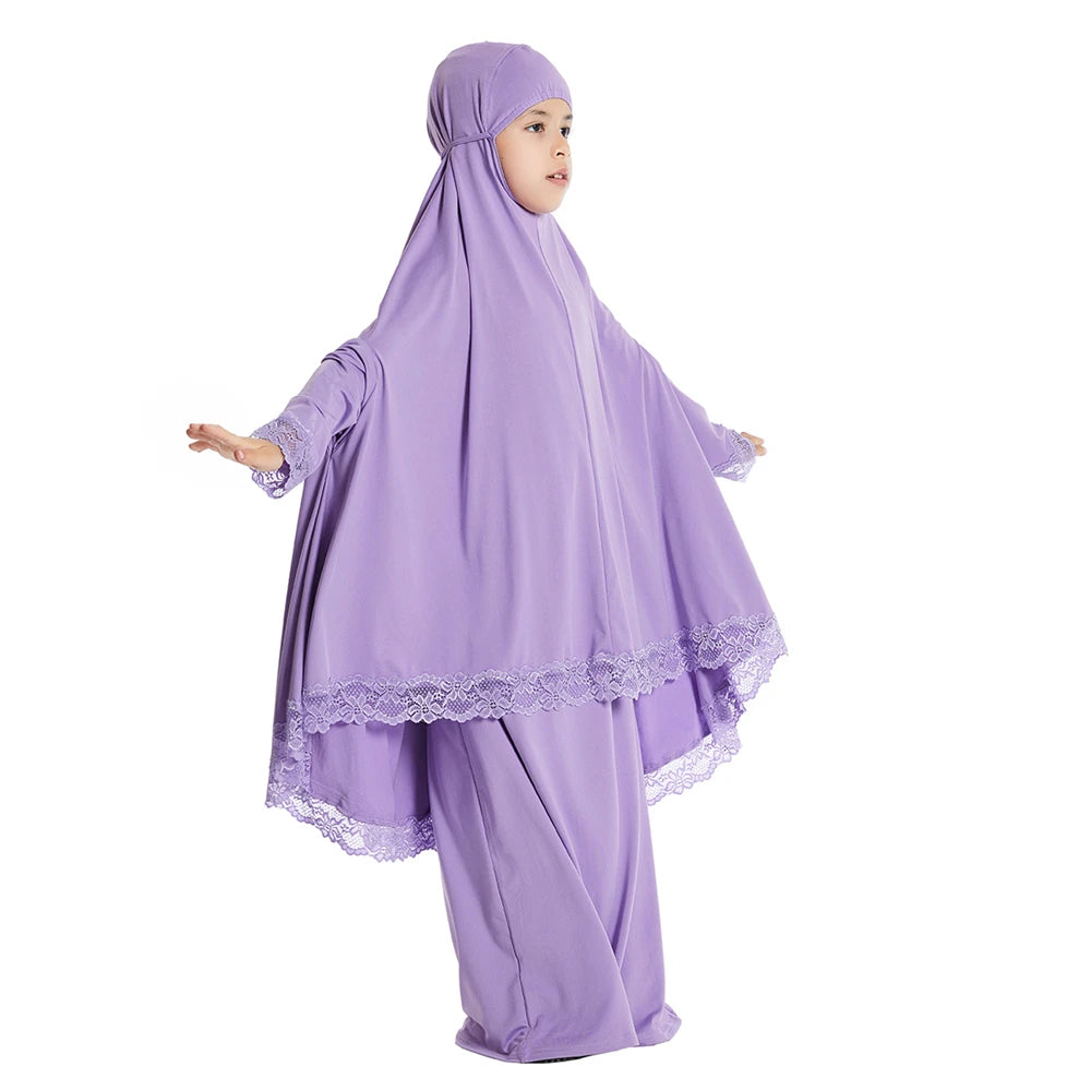 2Pcs Traditional Muslim Kids Girls Abaya Eid Hooded Overhead Hijab Burqa Maxi Skirt Sets Turkey Dubai Kaftan Prayer Garment Gown