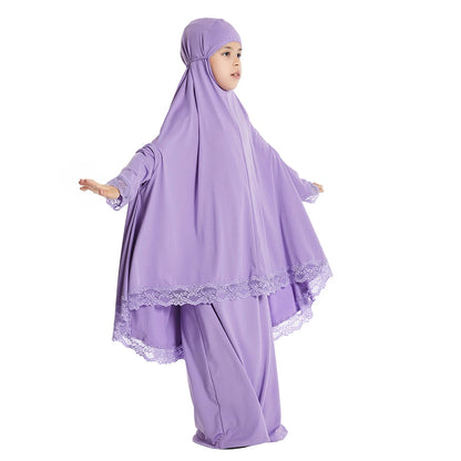 2Pcs Traditional Muslim Kids Girls Abaya Eid Hooded Overhead Hijab Burqa Maxi Skirt Sets Turkey Dubai Kaftan Prayer Garment Gown