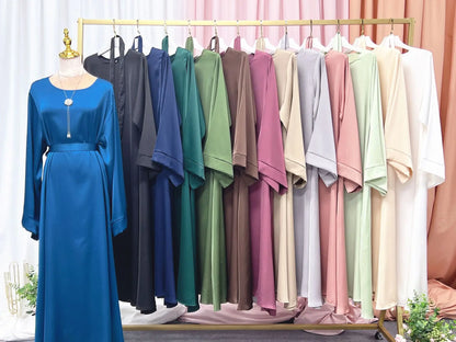 Plain Satin Abaya Dress for Muslim Women, Side Pockets Wide Sleeves, Dubai Turkish Hijabi Islamic Clothing, Modest Robe, Ramadan