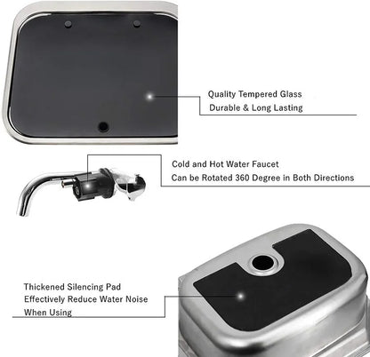 Caravan Camping Stainless Steel Hand Wash Basin Sink with Tempered Glass Lid Camper Accessories RV Stainless Steel Covered Sink