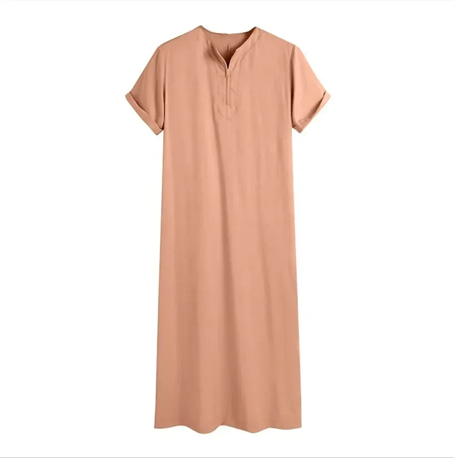 New 2025 Men Islamic Arabic Kaftan Vintage Solid Short Sleeve Loose Retro Robes Abaya Dubai Middle East Muslim Clothing S-5XL