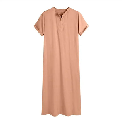 New 2025 Men Islamic Arabic Kaftan Vintage Solid Short Sleeve Loose Retro Robes Abaya Dubai Middle East Muslim Clothing S-5XL