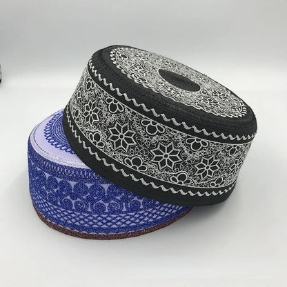 Tax Products Turkey Muslim Men clothing Saudi Prayer Hat Black with White Embroidery Yarmulke Flat Top Hats Jewish Islamic Caps