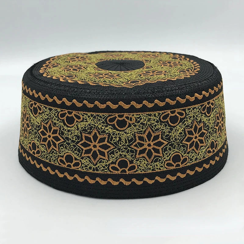 Tax Products Turkey Muslim Men clothing Saudi Prayer Hat Black with White Embroidery Yarmulke Flat Top Hats Jewish Islamic Caps