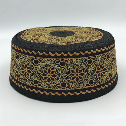 Tax Products Turkey Muslim Men clothing Saudi Prayer Hat Black with White Embroidery Yarmulke Flat Top Hats Jewish Islamic Caps