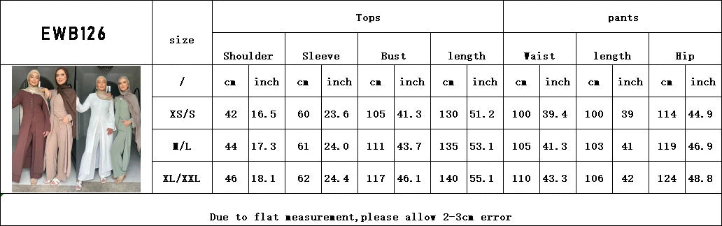 2PCS Muslim Women Button Long Sleeve Tops Dress Pants Set Dubai Abaya Turkey Kaftan Arabic Outfits Eid Ramadan Islam Clothing