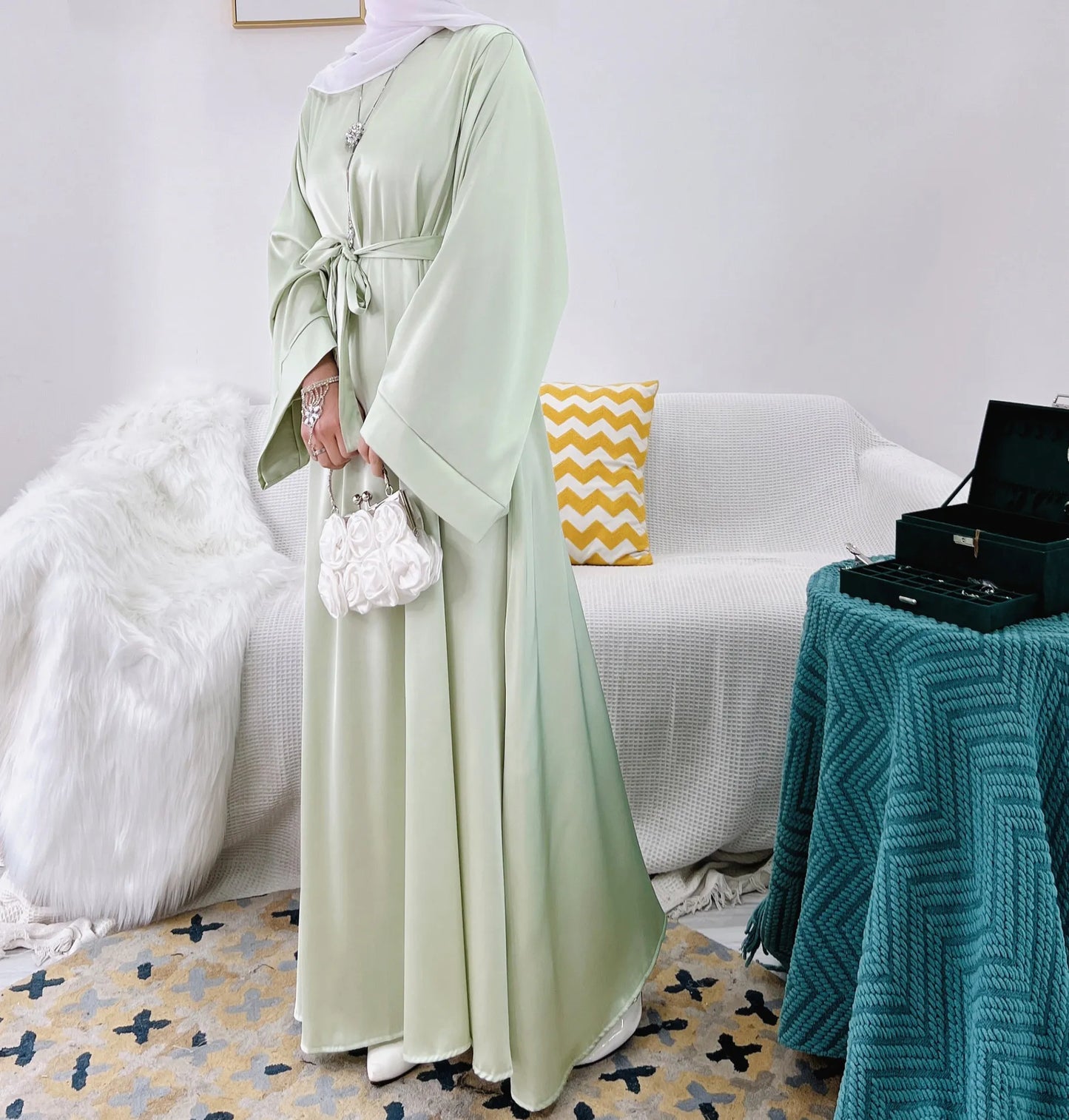 Plain Satin Abaya Dress for Muslim Women, Side Pockets Wide Sleeves, Dubai Turkish Hijabi Islamic Clothing, Modest Robe, Ramadan