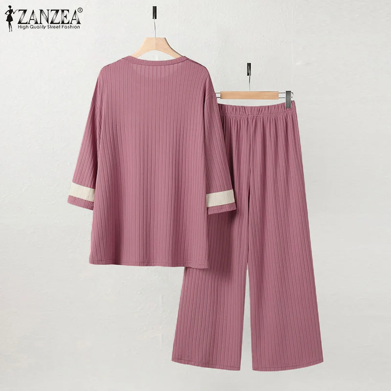 2024 ZANZEA Women Vintage Muslim Sets 2PCS Summer Islamic Clothing Eid Mubarek Ramadan Outifits Patchwork Blouse Trousers Suits