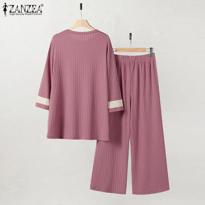 2024 ZANZEA Women Vintage Muslim Sets 2PCS Summer Islamic Clothing Eid Mubarek Ramadan Outifits Patchwork Blouse Trousers Suits