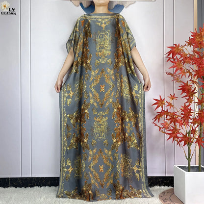 Muslim Abayas For Women 2023 New Fashion Printed Silk Soft Loose Femme Elegant Robe African Maxi Party Dresses With Belt Turban