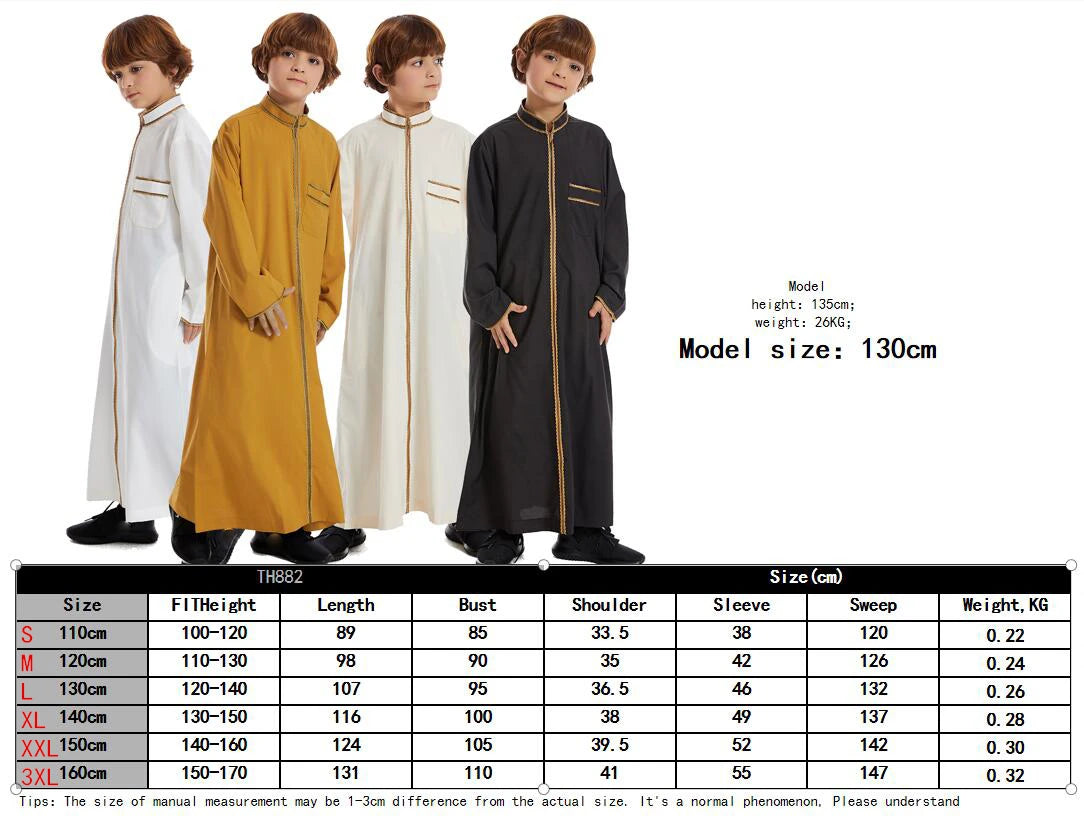 Saudi Dubai Turkey Front Zipper Abayas For Kids Boys Muslim Clothing Children Jubba Thobe Kaftan Full Cover Robe Dress TH882