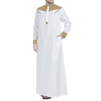2025 Muslim Thobe Comfortable Men Caftan Long Sleeve Contrast Color Muslim Clothing Mandarin Neck Muslim Robe for Middle East