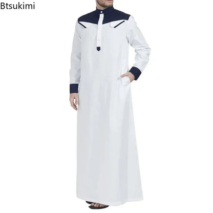 2025 Muslim Thobe Comfortable Men Caftan Long Sleeve Contrast Color Muslim Clothing Mandarin Neck Muslim Robe for Middle East