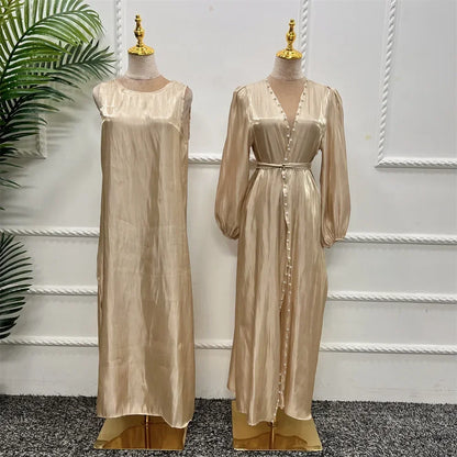 2 Piece Silk Satin Kimono Abaya Under Dress Morocco Muslim Sets Abayas for Women Dubai Arabic Cardigan Kaftan Robe Islam outfits