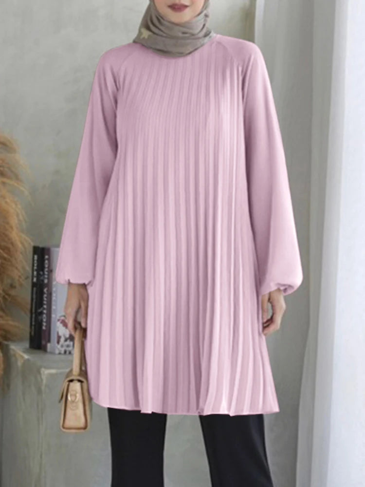 Fashion Women Long Sleeve Pleated Tops ZANZEA Autumn Muslim Blouse Long Shirt Ramadan Abaya Turkey Kaftan Solid IsIamic Clothing