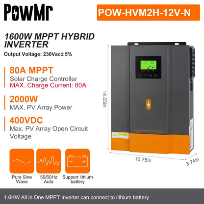 PowMr 1600W 3000W Hybrid Solar Inverter 12V 24V 220V Pure Sine Wave Inverter 1.6KW 3KW with MPPT 80A Solar Charger Controller