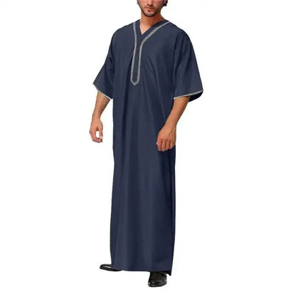 New 2025 Men Islamic Arabic Kaftan Vintage Solid Short Sleeve Loose Retro Robes Abaya Dubai Middle East Muslim Clothing S-5XL