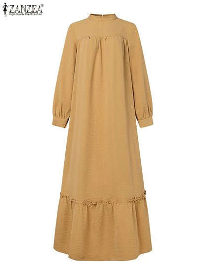 ZANZEA Women Muslim Dress Abaya Autumn Maxi Long Dress Kaftan Dubai Long Vestidos Robe Long Sleeve Solid Ruffles Hem Sundress