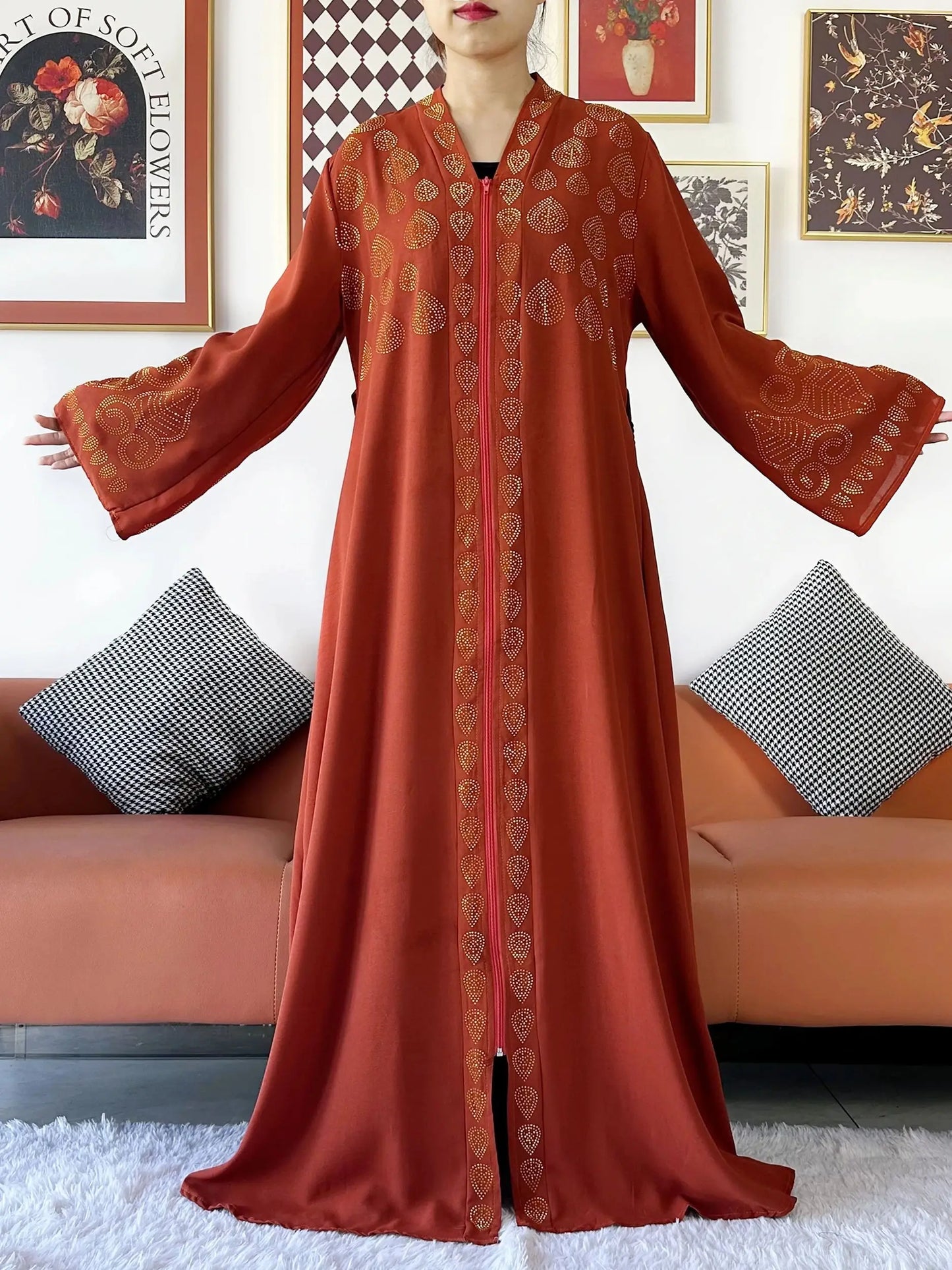 2024 Women Party Dress Chiffon Open Abaya Golden Stones Muslim Women Dress Islamic Clothing Cardigan Abaya Women Muslim Dress