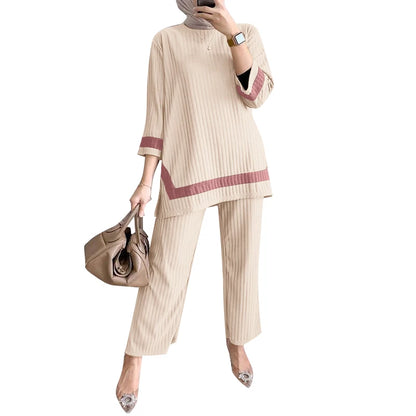 2024 ZANZEA Women Vintage Muslim Sets 2PCS Summer Islamic Clothing Eid Mubarek Ramadan Outifits Patchwork Blouse Trousers Suits